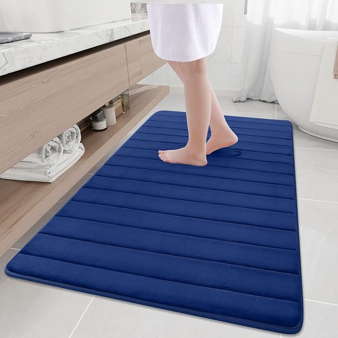 Buganda Memory Foam Bath Mat 59 x 34, Ultra Soft Absorbent Bathroom Rugs | Navy Blue, Machine Washable Quick Dry Bath Mats for Bathroom Floor, Shower and Tub, Home Decor Accessories