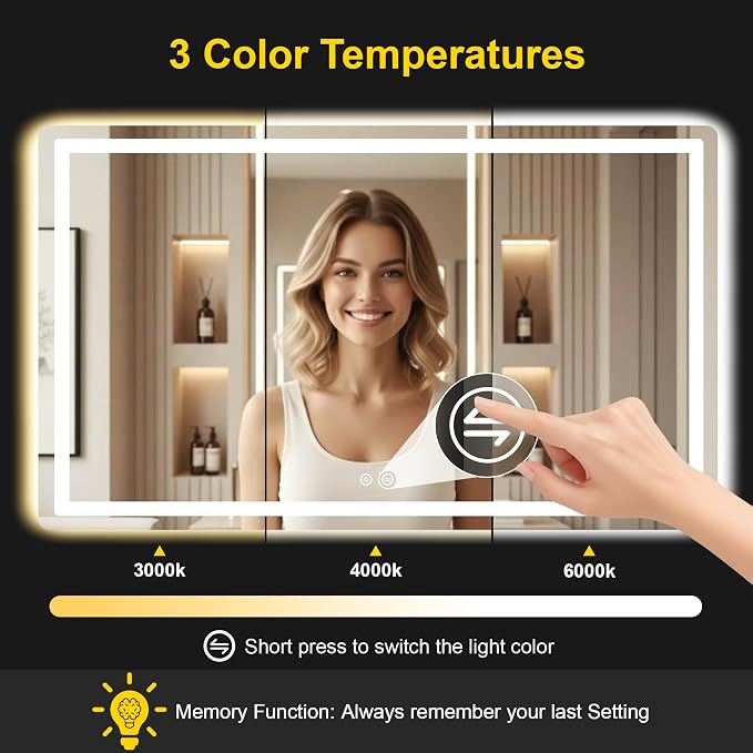 LED Bathroom Mirror with Lights, 30"x50" Lighted Vanity Mirror for Wall | Anti-Fog, Dimmable 3 Color Light, Backlit+Frontlit, Shatterproof Tempered Glass, Memory Function