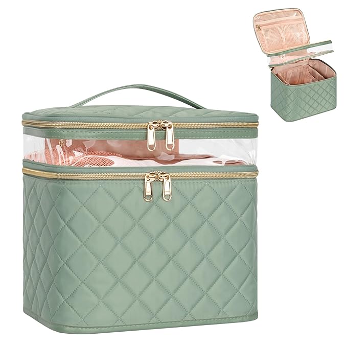 Large Makeup Bag, Double Layer Makeup Bag, Vertical Storage Cosmetic Case for Women/Girls with Multiple Compartments-Green