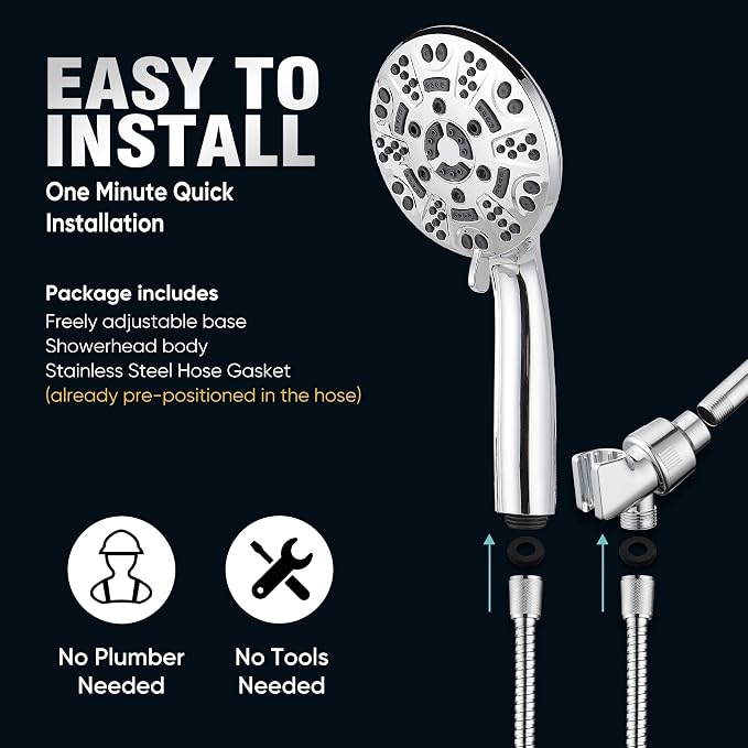 Cobbe 8-Setting Handheld Shower Head, Water-Saving Design, Chrome | Trickle Pause Mode, 5ft Stainless Steel Hose, Brass Swivel Bracket, Tool-Free Installation