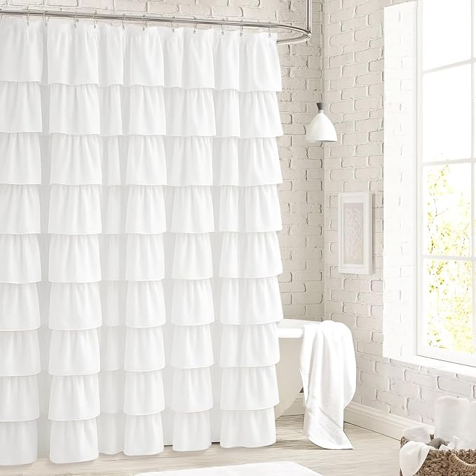 White Ruffle Shower Curtain Farmhouse Style Shower Curtain, 72" x 72" | Cascading full-length fabric tiers, soft dimensional texture, vintage shabby chic styling for decorative bathroom updates