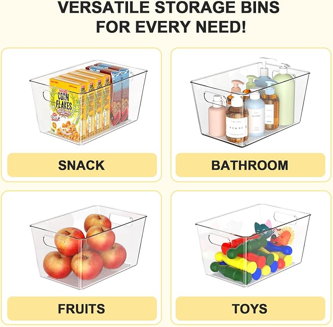 4 Pack Large Clear Plastic Storage Bins, Kitchen &Pantry Organizer | Heavy-duty 450g BPA-free PETG containers with handles for fridge, under-sink, bathroom, office, closet, and garage storage