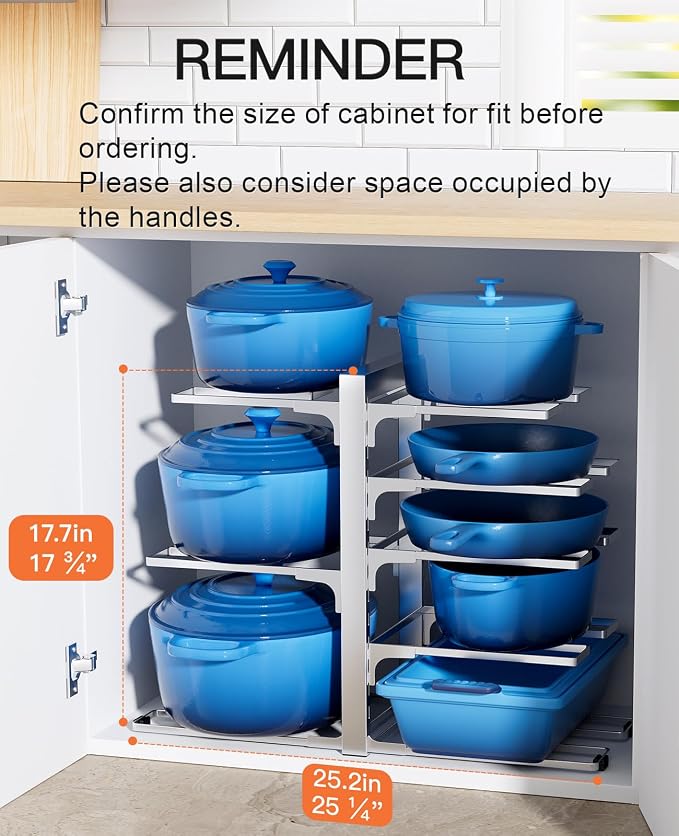 Pots and Pans Organizer Under Cabinet 15.8" 8-Tier Adjustable Silver | 2 DIY Modes, Tool-Free Assembly, Max 120 Lbs, Fits Cast Iron Pans, Dutch Ovens & Heavy Cookware, For Kitchen Cabinets