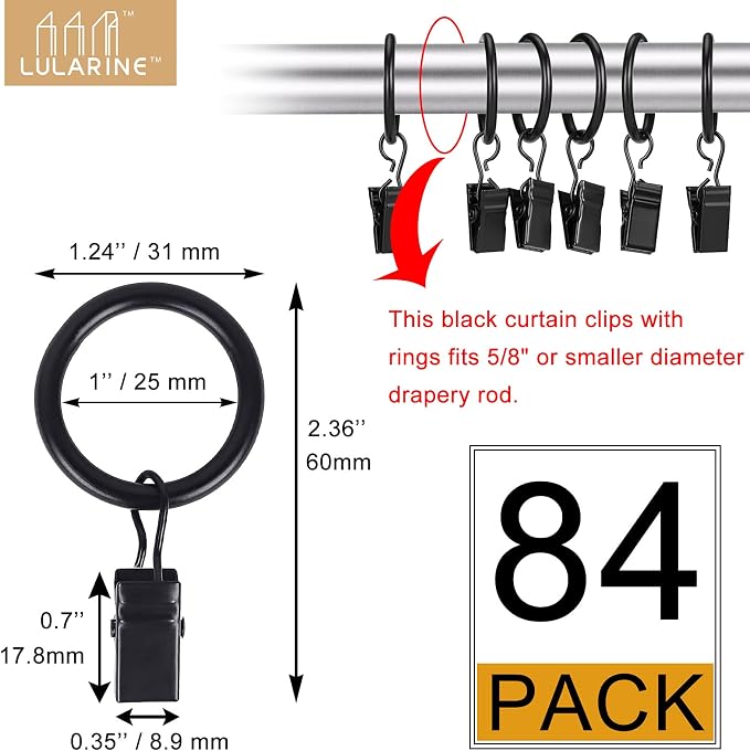 84 Pack Curtain Rod Clip Rings,1" Interior Diameter(Compatible with up to 5/8" Curtain Rod),Metal Drapery Ring with Clips,Strong Decorative Drapery Window Ring with Hooks,Rustproof Vintage(Black)