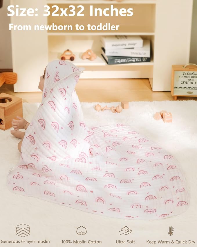 Baby Girl Bath Towels, 100% Muslin Cotton Hooded Baby Towels for Newborn, 2 Pack Baby Towels with Hood for Infant Toddler and Kids, Large 32x32Inch Bath Essentials, Soft and Absorbent