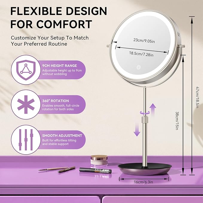 Auxmir 9" 1X/30X Lighted Makeup Mirror, Rechargeable Maginfying Mirror | 3 dimmable colors, 14.9-18.5 in adjustable height, 3000mAh, 360°rotation, stable storage base, 30X magnification, Nickel