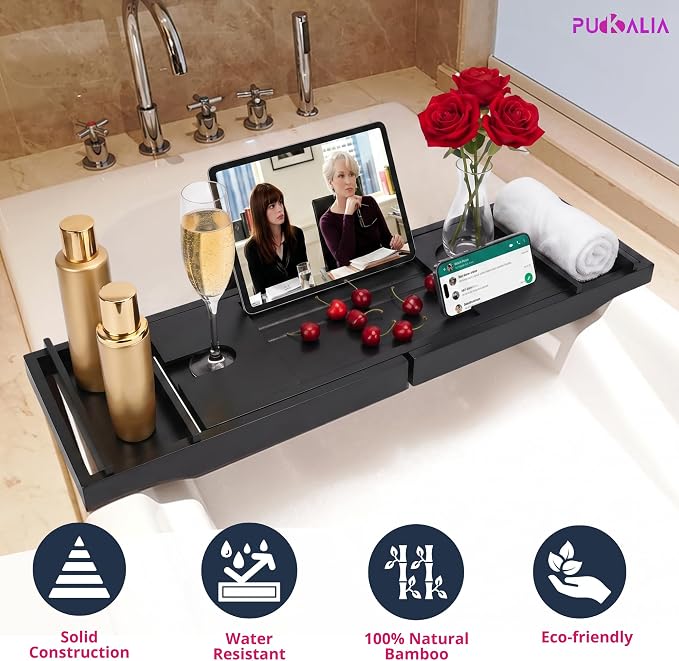 Bath Tray for Tub and Ergonomic Pillow Premium - Caddy Expandable 29 to 42.5 Inch -Foldable Bamboo Wood Tub Organizer - Luxury Bathtub Tray Wood Bamboo