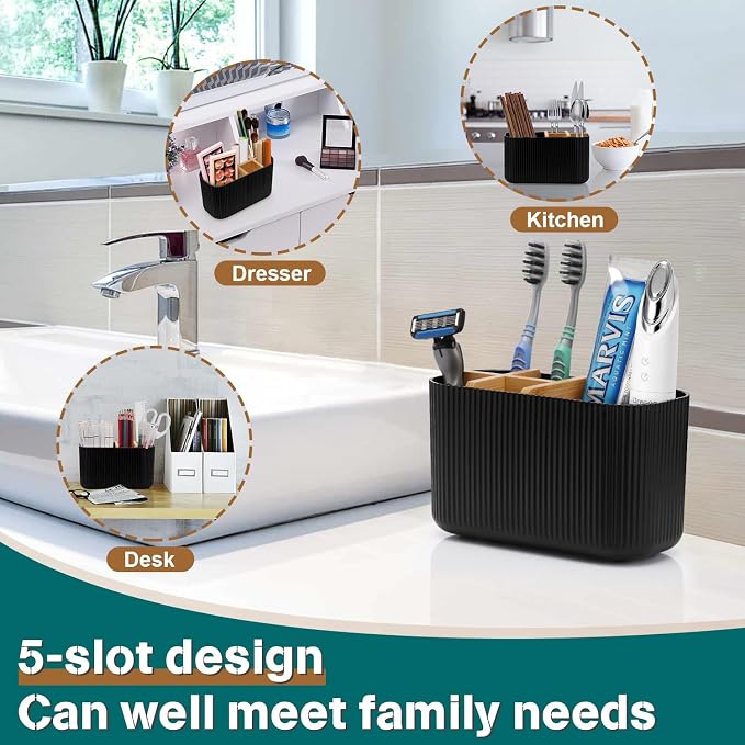 GFWARE Black Toothbrush Holder, 5 Slots Bathroom Organizers and Storage | Bamboo Toothbrush Holder, Kids Electric Toothbrush Holder and Toothpaste Storage for Bathroom Sink Organizer