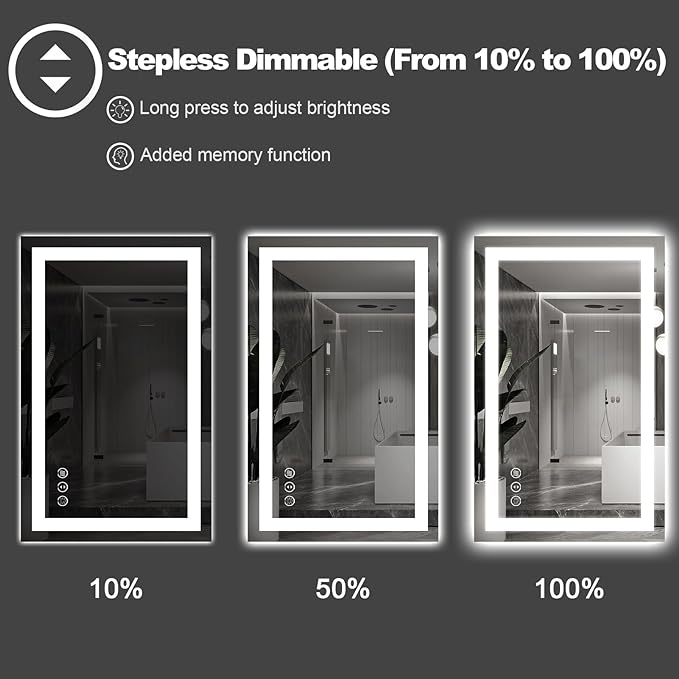 LED Mirror for Bathroom, 72"x40" with Front Light and Backlight | Stepless Dimmable, Anti-Fog, Shatter-Proof, HD Reflection, Memory, 3 Colors Lighting, UL Listed (Horizontal/Vertical).