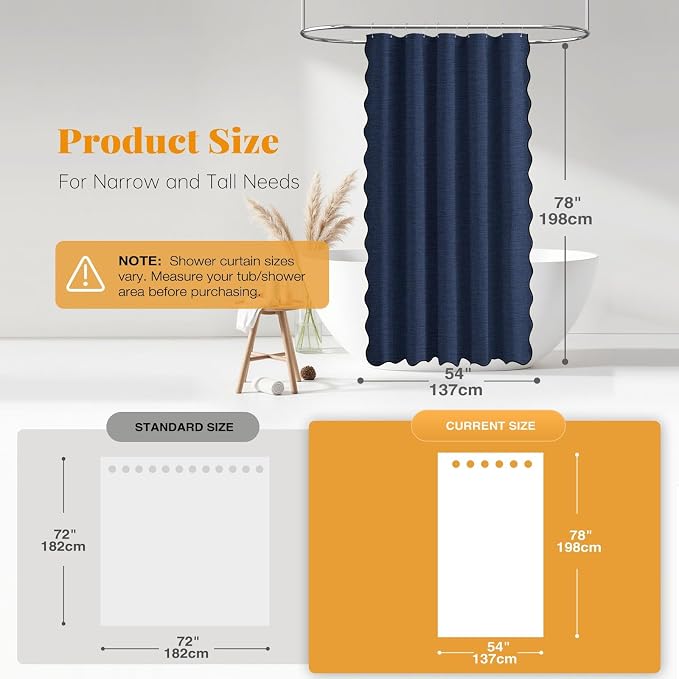 54x78 Boho Scalloped Linen Textured Cloth Shower Curtain, Navy Blue | Narrow Long Size, 230GSM Waterproof Polyester, Heavy Duty Fabric, 10 Plastic Hooks, Elegant Farmhouse Style, Machine Washable