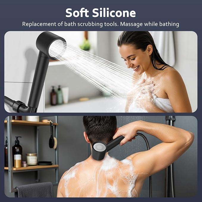 Filtered Shower Head with Handheld, High Pressure Water Flow and Multiple Spray Modes Shower Head with Filter, Power Wash for Hard Water, Showerhead with ON/OFF Switch for Pets Bath (Glossy Black) | 3 Spray,Silicone Massage Brush,Detachable Showerhead,...