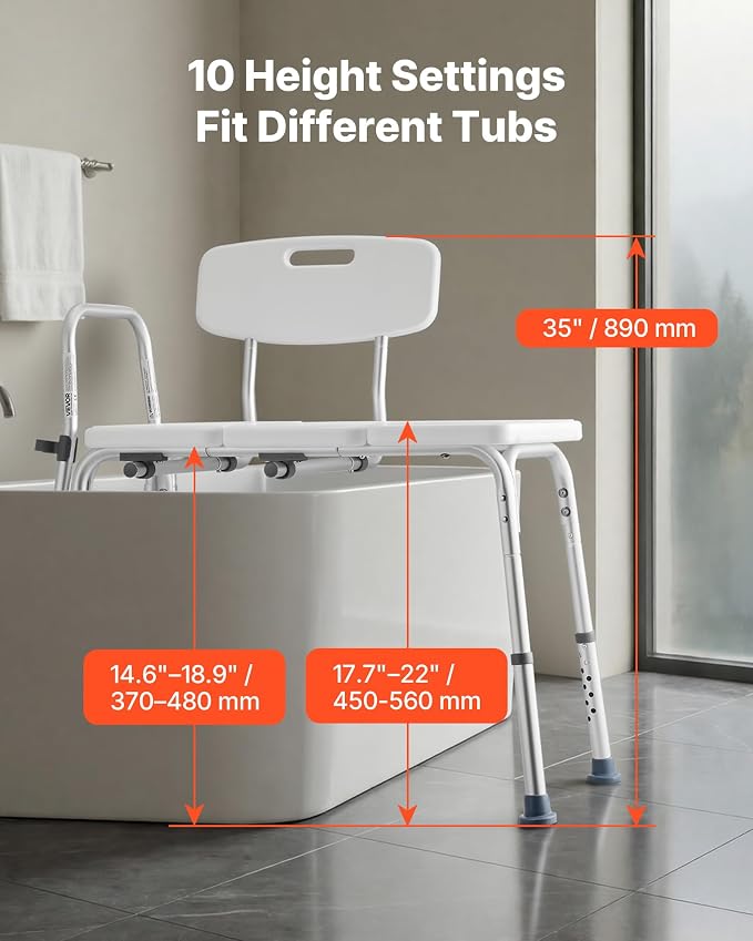 VEVOR Tub Transfer Bench for Bathtub, 400 lbs Weight Capacity Heavy Duty Shower Chair with Arm and Backrest, Height Adjustable Bathroom Shower Bench Bath Seat for Adults, Seniors, Elderly and Disabled