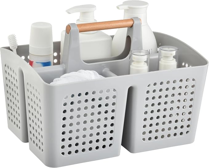 Portable Shower Caddy Basket with 3 Compartments and Handle, Light Gray | Plastic Divided Storage Caddy for Bathrooms, Apartments, Guest Rooms, Offices, Crafts and Under-Sink Organization