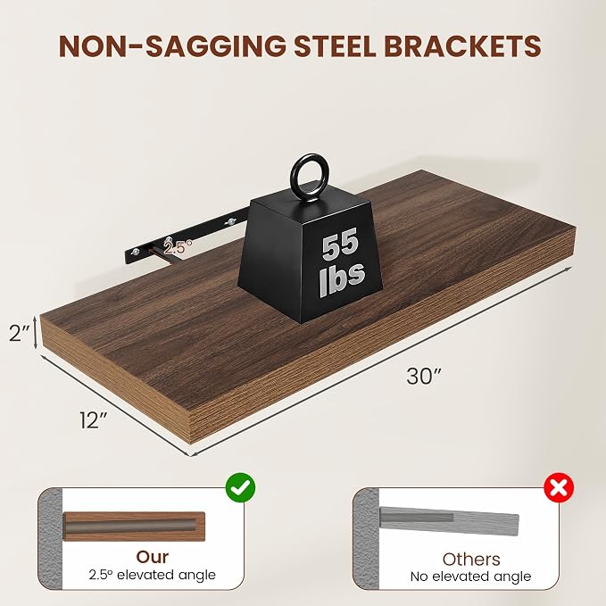 Vivelove 12 Deep Floating Shelves 30x12” Set of 2, Walnut | Easy Install With Hardware, 2" Thick, Invisible Brackets, Wall Mounted, No Sagging, For Any Room