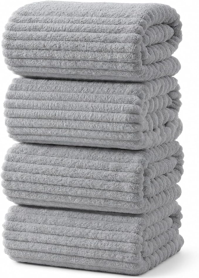 4 Piece Bath Towels, 30"x60" Microfiber Towels Set, Grey | Large Bathroom Towels, Soft Touch, Highly Absorbent, Quick Dry, Lint Free, Long-Lasting, Family Use, Guest Bath & Daily Use