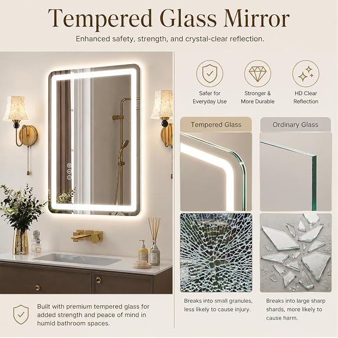 24x36 LED Lighted Bathroom Mirror for Vanity | Front Lights and Backlit, Rounded-Corner Rectangle, 3 Colors, Dimmable, Anti-Fog, Memory, Tempered Glass, UL