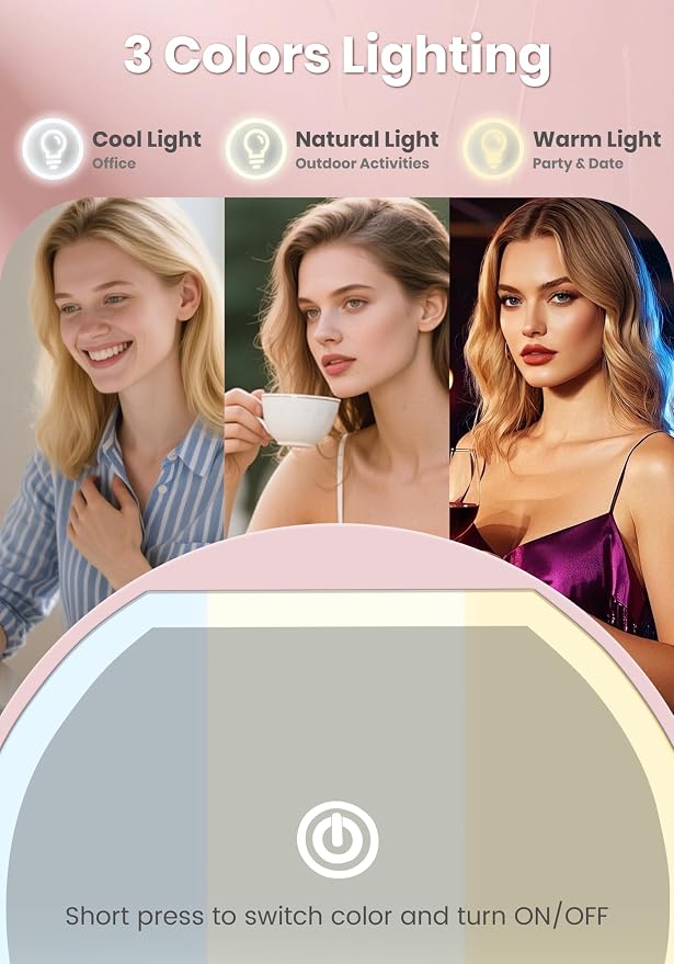 Compact Mirror with Light, Rechargeable 40X Magnifying Mirror with 3 Lighting Modes & Dimmable Brightness, Portable Travel Makeup Mirror; Essentials for Travel, Pocket, Purse Gifts Pink