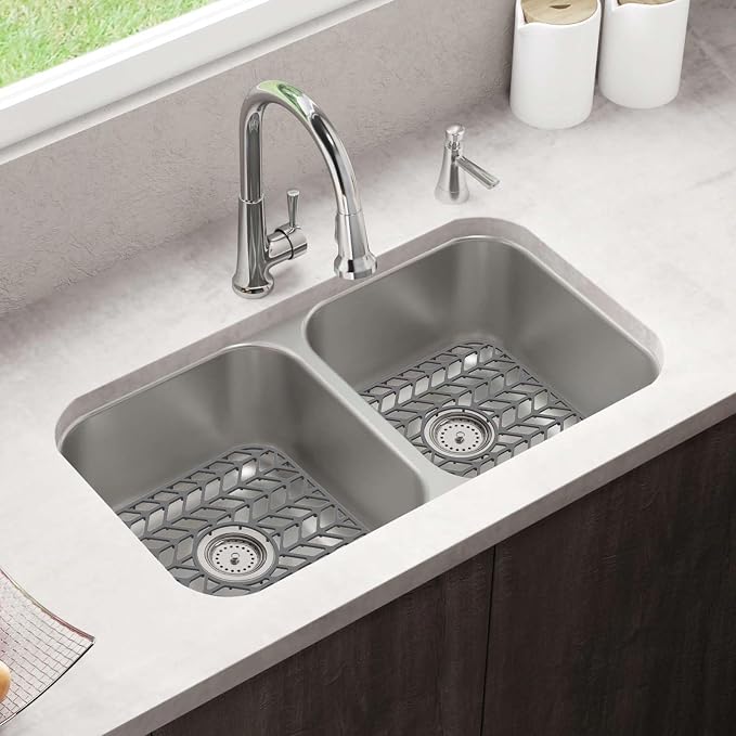 AWOKE Silicone Sink Protectors for Kitchen Sink, 12" x 11" Mat for bottom of sink, Center Drain Hole, Protect from Stains, Scratches, Dishwasher Safe Grid for Kitchen (2 Pack, Gray)