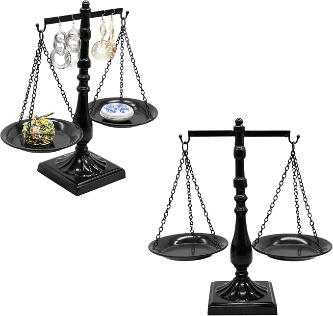 Set of 2 Vintage Metal Libra Jewelry Towers Display with Fixed Beam, Cosmetic Organizer Storage, Scale Centerpiece Stand, Antique Jewelry Storage, Farmhouse Candleholder Display – 7.7“ W x 12.1“ H