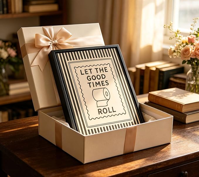 Black Floating Framed Let The Good Times Roll Bathroom Canvas Wall Art Funny Toilet Quote Painting Picture Wall Decor Downstair Stripes Bathroom Poster Print Artwork for Toilet Home Decoration 8x10in
