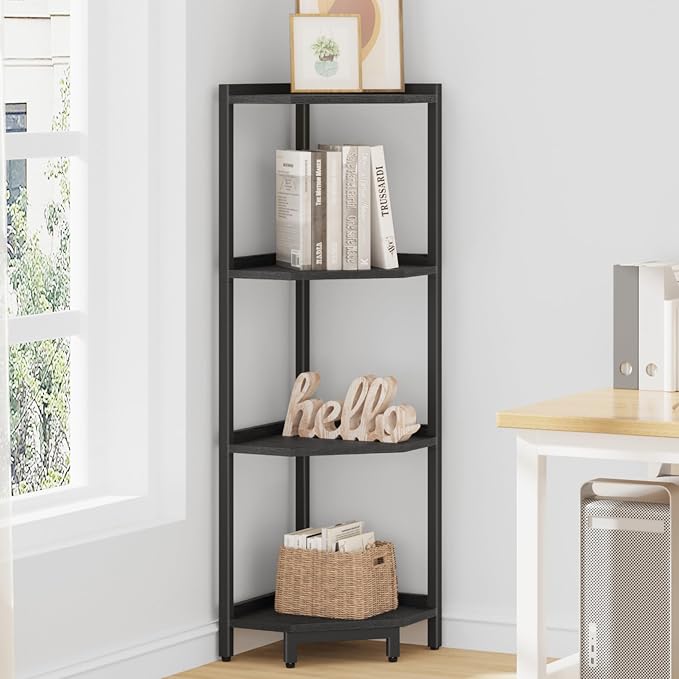 Hzuaneri Corner Shelf Stand 4-Tier Corner Bookshelf Storage Standing Shelf | Bookcase Plant Stand with Metal Frame for Living Room, Home Office, Bedroom, Black CS05806B