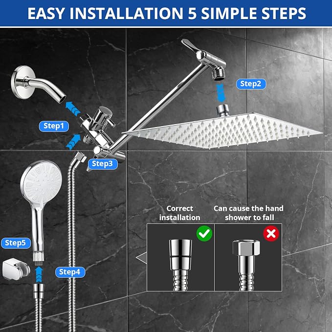 Shower Head, 10'' High Pressure Rainfall/Handheld Shower Combo, Chrome | 9 Settings, Anti-leak Shower Head with 11'' Extension Arm, Holder, Hose, Height/Angle Adjustable Shower, 1.75GPM
