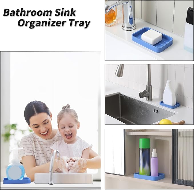 MicoYang Silicone Kitchen Sink Organizer Tray for Multiple Usage,Easy Clean Sponges Holder for Kitchen Bathroom Counter or Sink,Dish Soap Dispenser,Scrubber,Bottle,Cup Lichen Blue 4.9”x 3.2”
