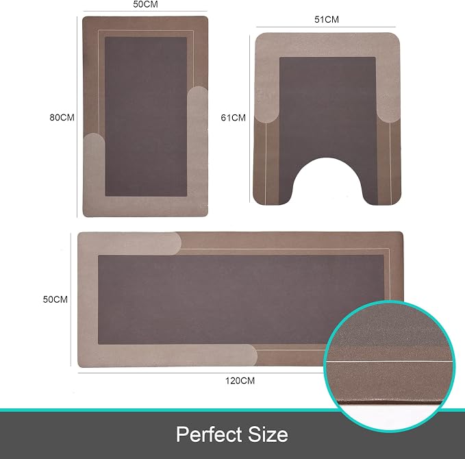 HelloTree 3PCS Bath Mat Rug Rubber Non Slip Quick Dry Rug Sets | Super Absorbent Thin Bathroom Rugs Fit Under Door Khaki Washable Floor Mats for in Front of Bathtub, Shower Room, Sink