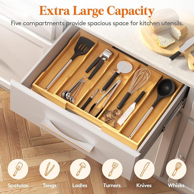 Lifewit Utensil Organizer for Kitchen Drawer, Expandable Cooking Utensil Tray, Cutlery Silverware Flatware Holder, Wood Adjustable Spatula Tools Storage Divider, 12.6-22.8x14/ 32-58x35.6cm, Natural | Expandable Cutlery Silverware Flatware Holder, Wood ...