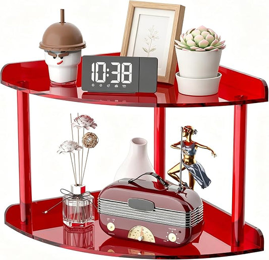 Sezanrpt 2 Tier Acrylic Corner Shelf Organizer Storage 9.5x9.5x8 Inch, Red Countertop Corner Shelf for Bathroom, Kitchen, Bedroom, Office, Study Room