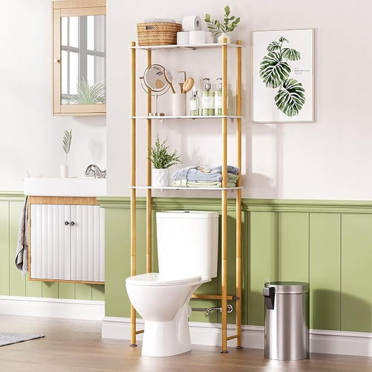 AmazerBath Bamboo Over The Toilet Storage Shelf, 3-Tier Bathroom Storage Organizer Shelf, Above Toilet Storage Rack, Space Saver, White and Natural Color
