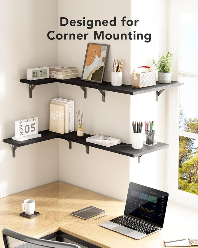Amada Corner Floating Shelves, Paulownia Wood, Set of 4, Black | Corner Wall Shelves with Triangular Metal Bracket, 44 lbs Capacity per Shelf, L-Shaped Design for Home Decor, Kitchen Storage