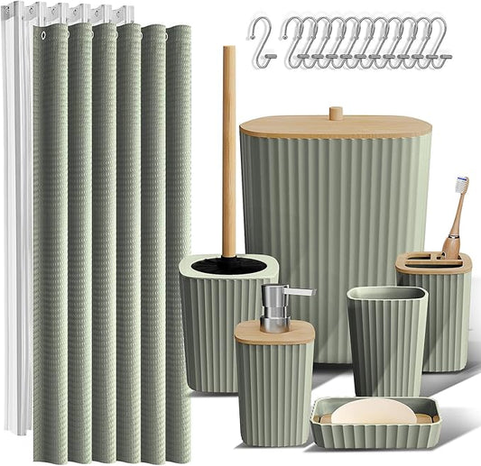 Clara Clark Bathroom Accessories Set - Bathroom Set, Bathroom Accessory Set, Shower Curtain Set, Toilet Brush, Trash Can & Soap Dispenser - Sage Green - 20PC | 20 Piece Sage Green Bathroom Accessories Set with Toothbrush Holder, Soap Dispenser, Soap Di...