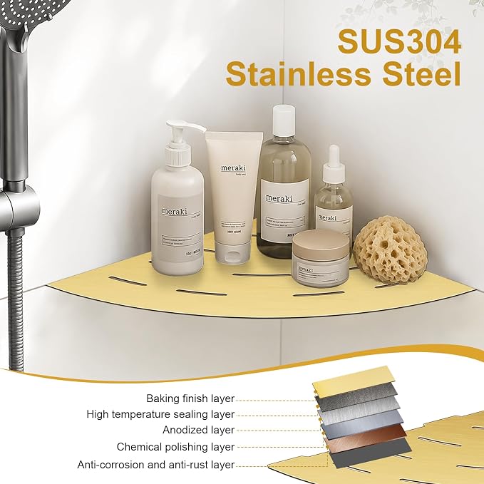 soaez Brushed Gold Corner Shower Shelf, SUS304 Stainless Steel Recessed Bathroom Shower Shelves, No Drilling Grout Mount Shelf for Shower, Bathroom Accessories (8", 2Pack)