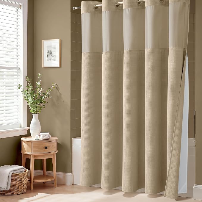 Beige Hook Free Waffle Shower Curtain & Snap-in Fabric Liner,54x81 | Less Time to install, 3 in 1 Fabric Shower Curtain and Liner Set with Magnets, Stall, Long, Shower Curtains for Bathroom