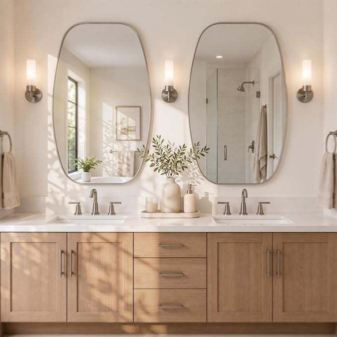 Brushed Nickel Capsule Bathroom Mirror, 24x36 Inch | Aluminum alloy frame, pill-shaped design, tempered glass, two-way mount for dresser and console