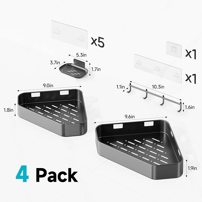 Veken Aluminum Corner Shower Caddy 4-Pack, Never Rust&Large Capacity, Grey | No Drilling Shelves, Rack with Soap Holder&Towel Bar, Super-Strong Adhesive for High Load, Bathroom Organizers and Storage