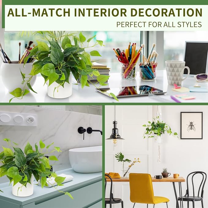 JPSOR Faux Plants Indoor, Pothos Small Fake Plants for Home Decor Indoor Fake Potted Plant Artificial Plants for Living Room Shelf Home Office Decor（White Ceramic Pot）