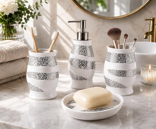 Zahari Home 4pc Sinatra Stylish Bathroom Accessories Set White Soap Dispenser, Tumbler, Tooth Brush Holder and Soap Dish Modern Classic Luxury Decor Bling Mosaic Glass White Bathroom Accessories