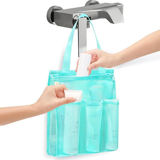 famichan Mesh Shower Caddy Portable, Gym Travel Camp Dorm Room Essentials for College Student Boy Girl, Bathroom Shower Bag - Blue