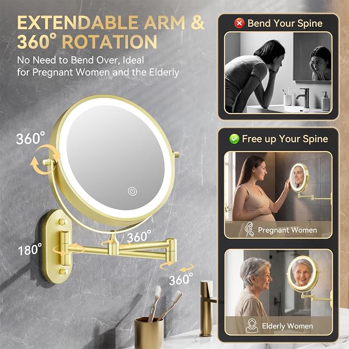Auxmir 8'' Wall Mounted Makeup Mirror，1X/20X Rechargeable Magnifying Mirror | double-sided button/ rechargeable 3200mAh/ 3 dimmable colors/ 360° rotation/ extended arm/ 30X magnification for bathroom