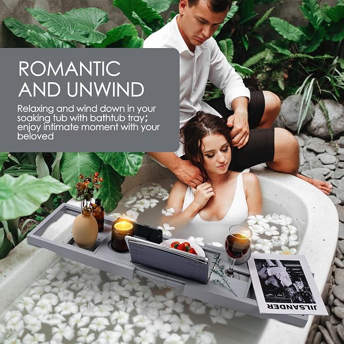Foldable Bathtub Tray Caddy with Soap Dish Adjustable 29.5-43'' Grey | Bamboo Bath Table Trays with Non-slip Pads, Wine Glass Holder, Adjustable Tablet Book Stand, Spa Bath Essentials Organizer