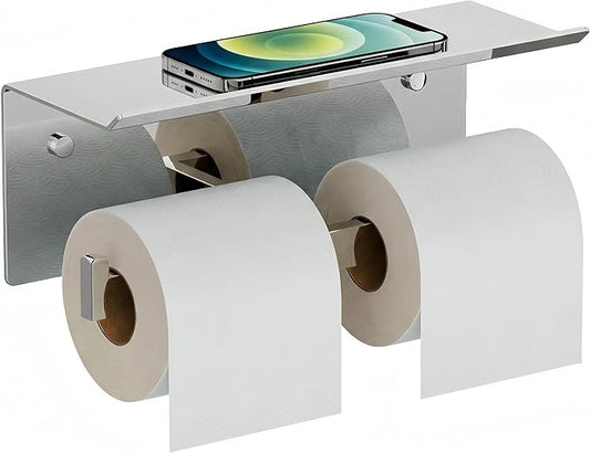 FORIOUS Toilet Paper Holder with Shelf, Commercial Toilet Paper Dispenser | Chrome | SUS304 Stainless Steel Wall Mount Double Bathroom Tissue Roll Holder for Hotel, Apartments, etc