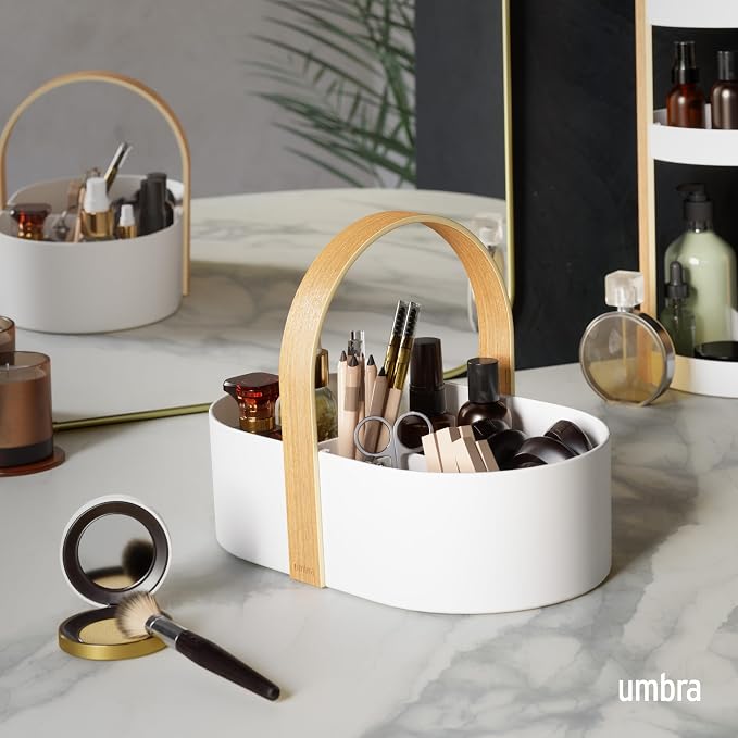 Umbra Bellwood Caddy, Wooden Handle Makeup Organizer, Small, White/Natural | Rubber feet protect surfaces, removable divider, lightweight portable design, easy to clean, recycled plastic body