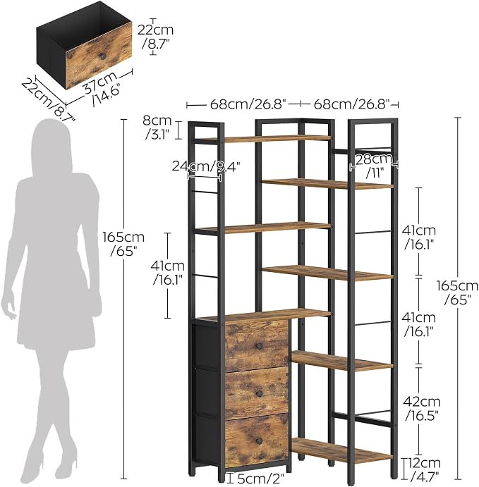 Corner Bookshelf, 7 Tier L-Shaped Bookcase with 3 Drawers, Storage Corner Shelf, Freestanding Tall Display Shelf, Industrial Style, for Living Room, Home Office, Rustic Brown and Black SJ10BR