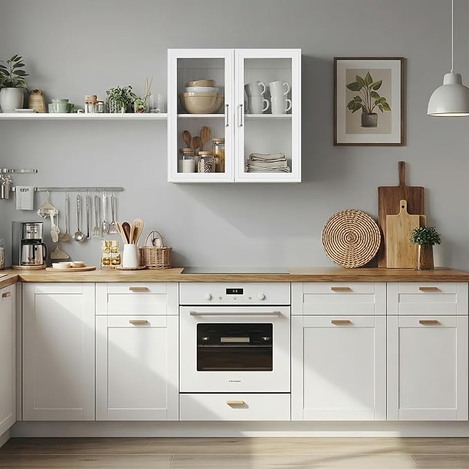 24” W Bathroom Wall Cabinet with Acrylic Glass Doors, Display Cabinet, Kitchen Wall Cabinets with Adjustable Shelf, Laundry Room Wall Mounted Cabinet, Medicine Wall Cabinet with Light (White)