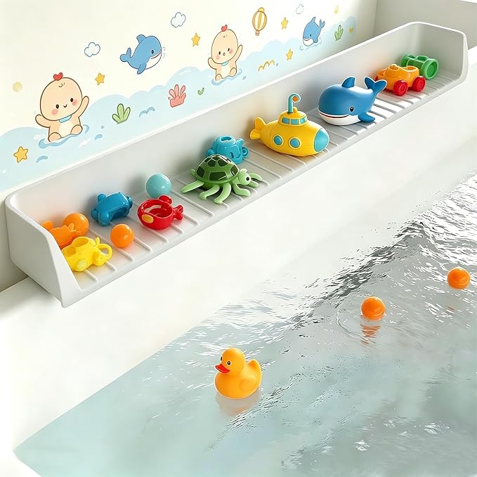 Splash Guard for Bathtub, 31-Inch Silicone Tub Toy Tray for Kids | Bathtub Splash Guard for Kids, Tub Edge Guard with Toy Holder Shelf to Help Reduce Spills and Keep Floors Dry
