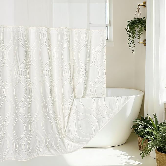 Yinhua No Hook Shower Curtain with Snap in Liner Set, 71" W×86" L, Beige | Hotel Style, See Through Top Window, Washable Waterproof, Tufted, Extra Long Hookless Curtain for Bathroom Bathtub