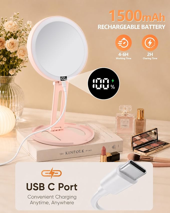 Foldable Travel Makeup Mirror with Lights 20X/1X Magnifying Mirror | Double-Sided Travel Magnifying Mirror With 3 Color Modes & Rechargeable,Dimmable Touch Screen, Smart Display