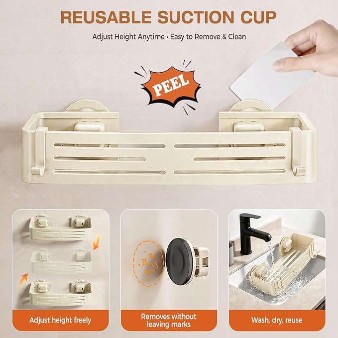 Lekesky Suction Cup Shower Caddy, No Drill Shower Shelves with a Towel Bar, Aluminum Rust Proof Bathroom Shower Organizer with 12 Hooks（2-Pack, Cream）